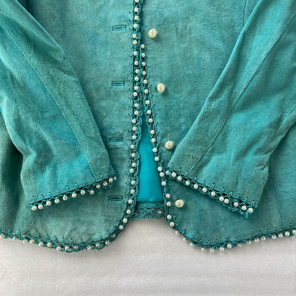 Sophie Chang Studio Suede Jacket Turquoise w Pearl Crochet Trim Sz 10 - Picture 7 of 8